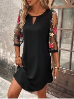  Floral Embroidery Mesh Sleeve Keyhole Neck Dress