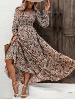  Paisley Print Ruffle Hem Belted Dress