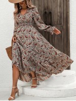  Paisley Print Ruffle Hem Belted Dress