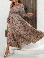  Paisley Print Ruffle Hem Belted Dress