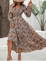  Paisley Print Ruffle Hem Belted Dress