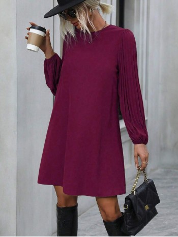  Solid Pleated Lantern Sleeve Tunic Dress