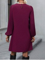  Solid Pleated Lantern Sleeve Tunic Dress