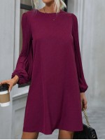  Solid Pleated Lantern Sleeve Tunic Dress