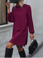  Solid Pleated Lantern Sleeve Tunic Dress