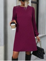  Solid Pleated Lantern Sleeve Tunic Dress