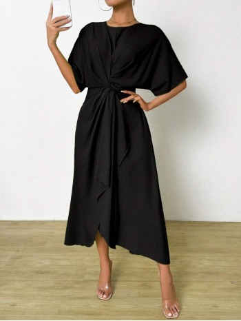  Women s Solid Color Round Neck Batwing Sleeve Twist Knot Front Zipper Back Long Dress