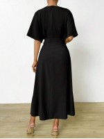  Women s Solid Color Round Neck Batwing Sleeve Twist Knot Front Zipper Back Long Dress