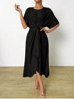  Women s Solid Color Round Neck Batwing Sleeve Twist Knot Front Zipper Back Long Dress