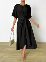  Women s Solid Color Round Neck Batwing Sleeve Twist Knot Front Zipper Back Long Dress