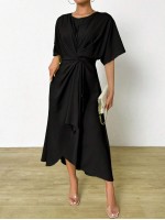  Women s Solid Color Round Neck Batwing Sleeve Twist Knot Front Zipper Back Long Dress