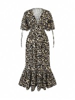  Slayr Women Deep V Neck Long Sleeve Cuffed Leopard Print Elegant Dress