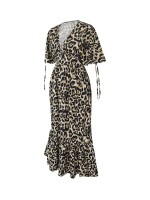  Slayr Women Deep V Neck Long Sleeve Cuffed Leopard Print Elegant Dress