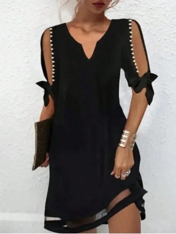  Pearl Beaded Hollow Out Sleeves Criss Cross Straps Notched Neckline Mesh Splice Dress