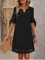  Pearl Beaded Hollow Out Sleeves Criss Cross Straps Notched Neckline Mesh Splice Dress