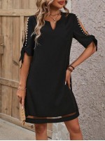  Pearl Beaded Hollow Out Sleeves Criss Cross Straps Notched Neckline Mesh Splice Dress