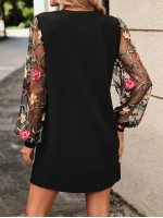  Women s Patchwork Embroidery Mesh Lantern Sleeve Dress