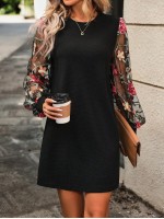  Women s Patchwork Embroidery Mesh Lantern Sleeve Dress