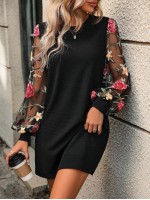  Women s Patchwork Embroidery Mesh Lantern Sleeve Dress