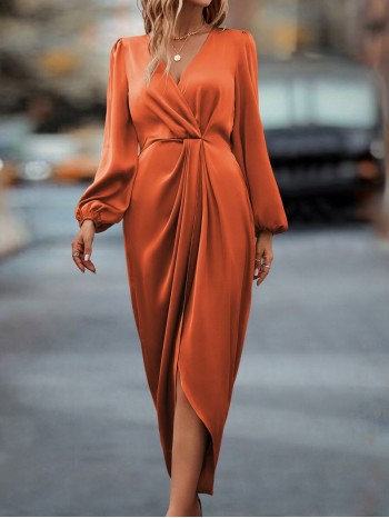  Lantern Sleeve Twist Front Wrap Hem Satin Dress