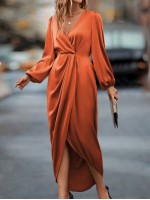  Lantern Sleeve Twist Front Wrap Hem Satin Dress