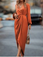  Lantern Sleeve Twist Front Wrap Hem Satin Dress