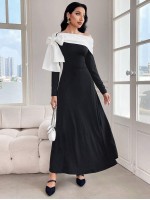  Modely Women s Casual Contrast Color Asymmetric Tie Up Collar Long Dress Spring Autumn