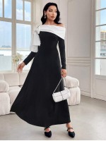  Modely Women s Casual Contrast Color Asymmetric Tie Up Collar Long Dress Spring Autumn