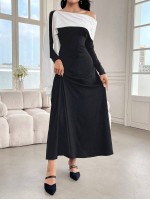  Modely Women s Casual Contrast Color Asymmetric Tie Up Collar Long Dress Spring Autumn