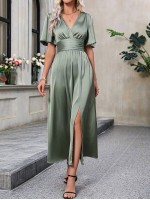  Women s V Neckline High Slit Hemline Dress With Cinching Waist