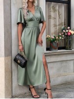  Women s V Neckline High Slit Hemline Dress With Cinching Waist