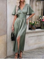  Women s V Neckline High Slit Hemline Dress With Cinching Waist