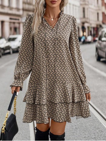  Allover Print Flare Sleeve Ruffle Hem Smock Dress