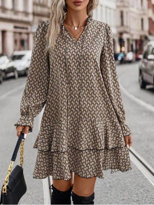  Allover Print Flare Sleeve Ruffle Hem Smock Dress