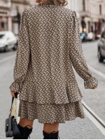  Allover Print Flare Sleeve Ruffle Hem Smock Dress