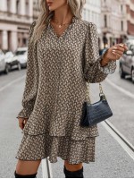  Allover Print Flare Sleeve Ruffle Hem Smock Dress