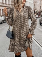  Allover Print Flare Sleeve Ruffle Hem Smock Dress