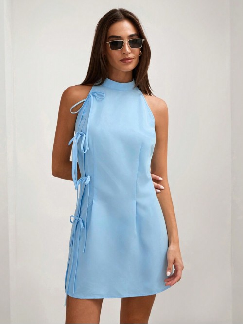 COSMINA Women s Solid Color Sleeveless Tie Up Simple Mini Dress Casual Vacation A Line Shape Baby Blue Mini Dress