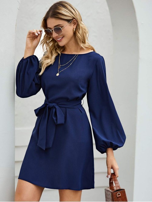  Belted Bishop Sleeve Mini Dress