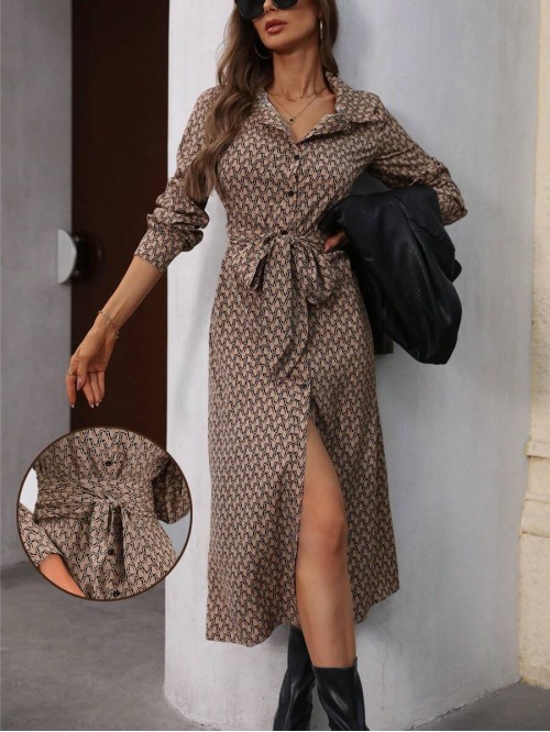  Women s Fall Elegant Casual Floral Print Waist Cinched Long Sleeve Shirt Dress