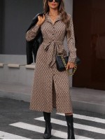  Women s Fall Elegant Casual Floral Print Waist Cinched Long Sleeve Shirt Dress