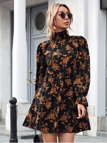  Shirred High Neck Flounce Sleeve Floral Dress