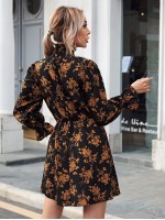  Shirred High Neck Flounce Sleeve Floral Dress