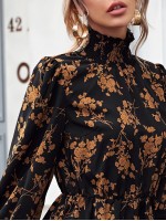  Shirred High Neck Flounce Sleeve Floral Dress