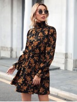  Shirred High Neck Flounce Sleeve Floral Dress