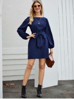  Belted Bishop Sleeve Mini Dress